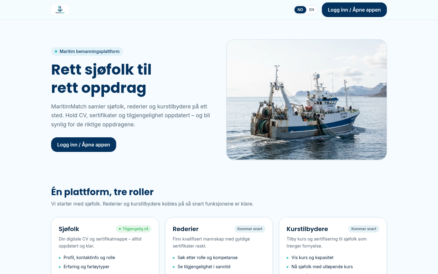 Skjermbilde av forsiden til MaritimMatch